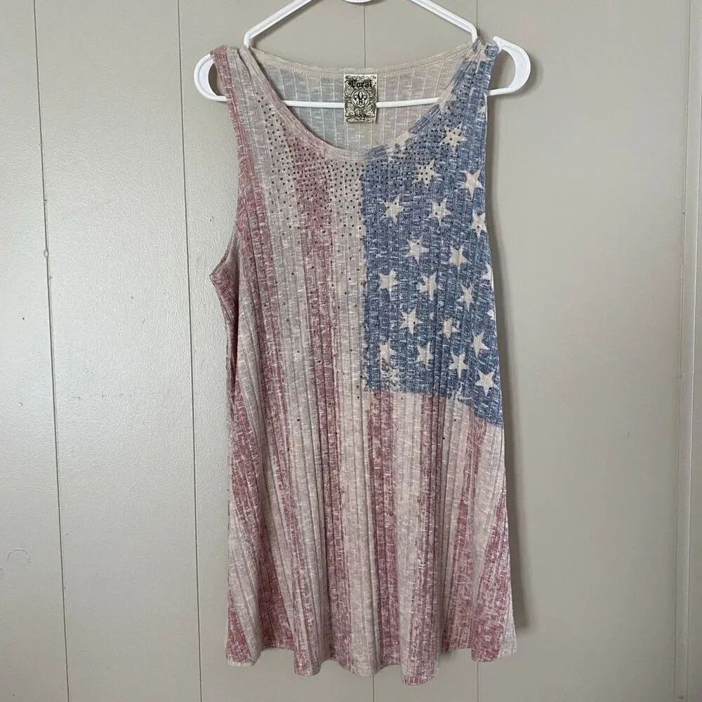 Vocal USA American Flag Tank Dress Sleeveless Distressed Ribbed Top Women’s Size
